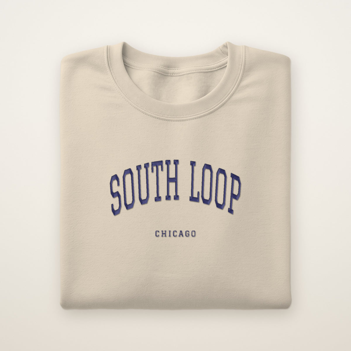 South Loop Chicago Embroidered Crewneck — Navy Thread on Sand