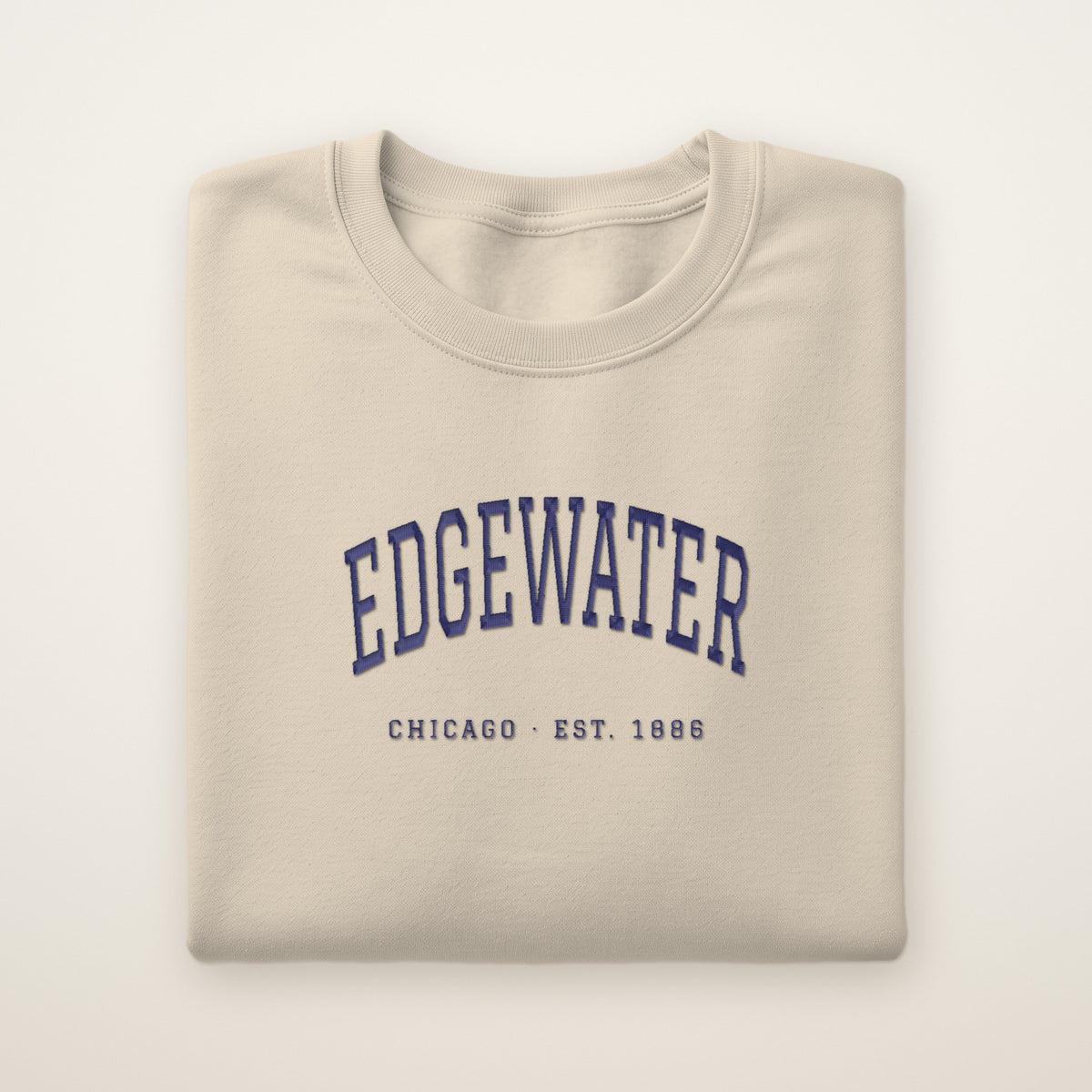 Edgewater Chicago Embroidered Crewneck — Navy Thread on Sand