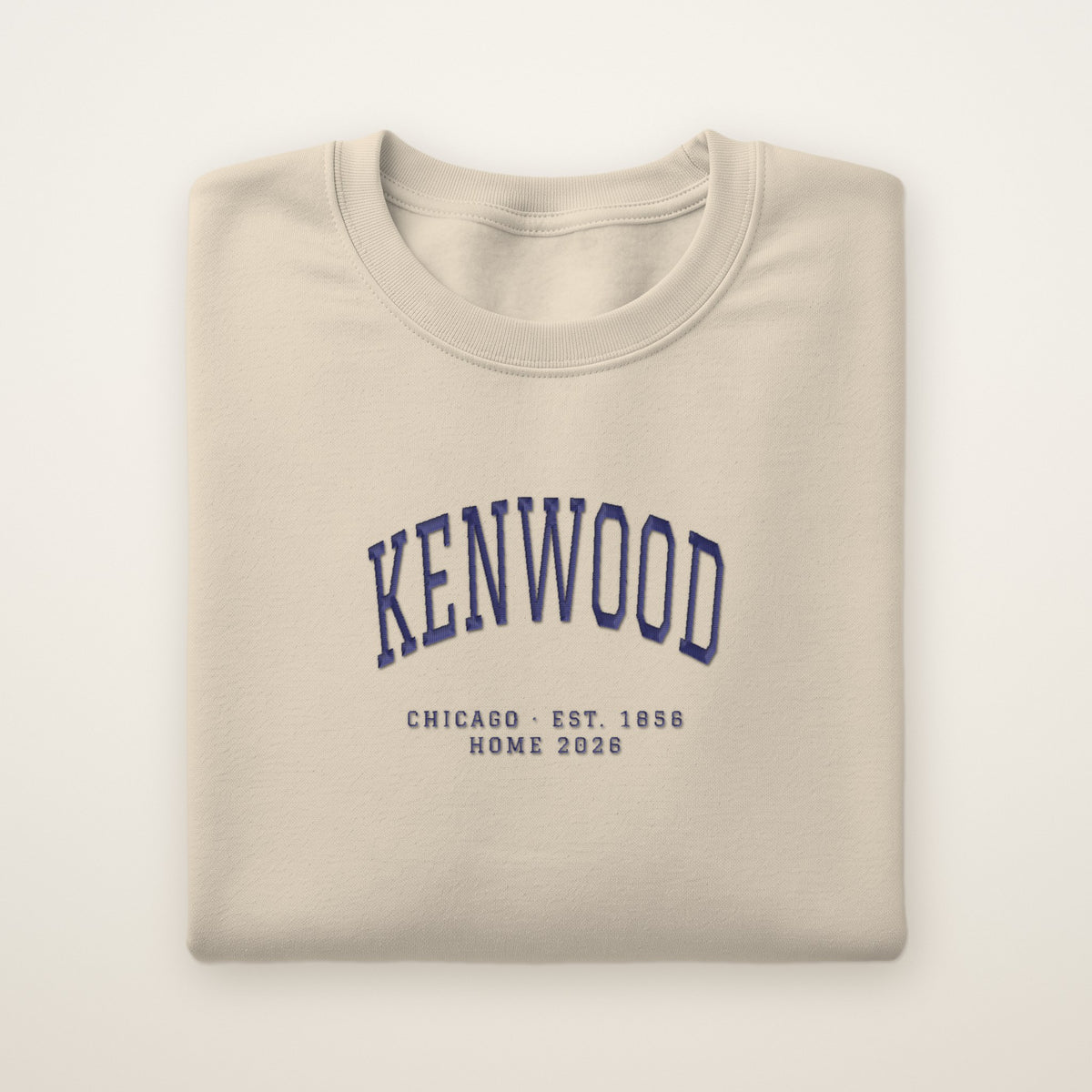 Kenwood Chicago Home 2026 Embroidered Crewneck — Navy Thread on Sand
