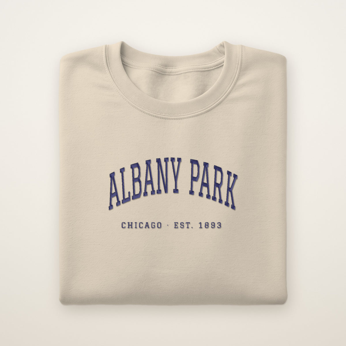 Albany Park Chicago Embroidered Crewneck — Navy Thread on Sand