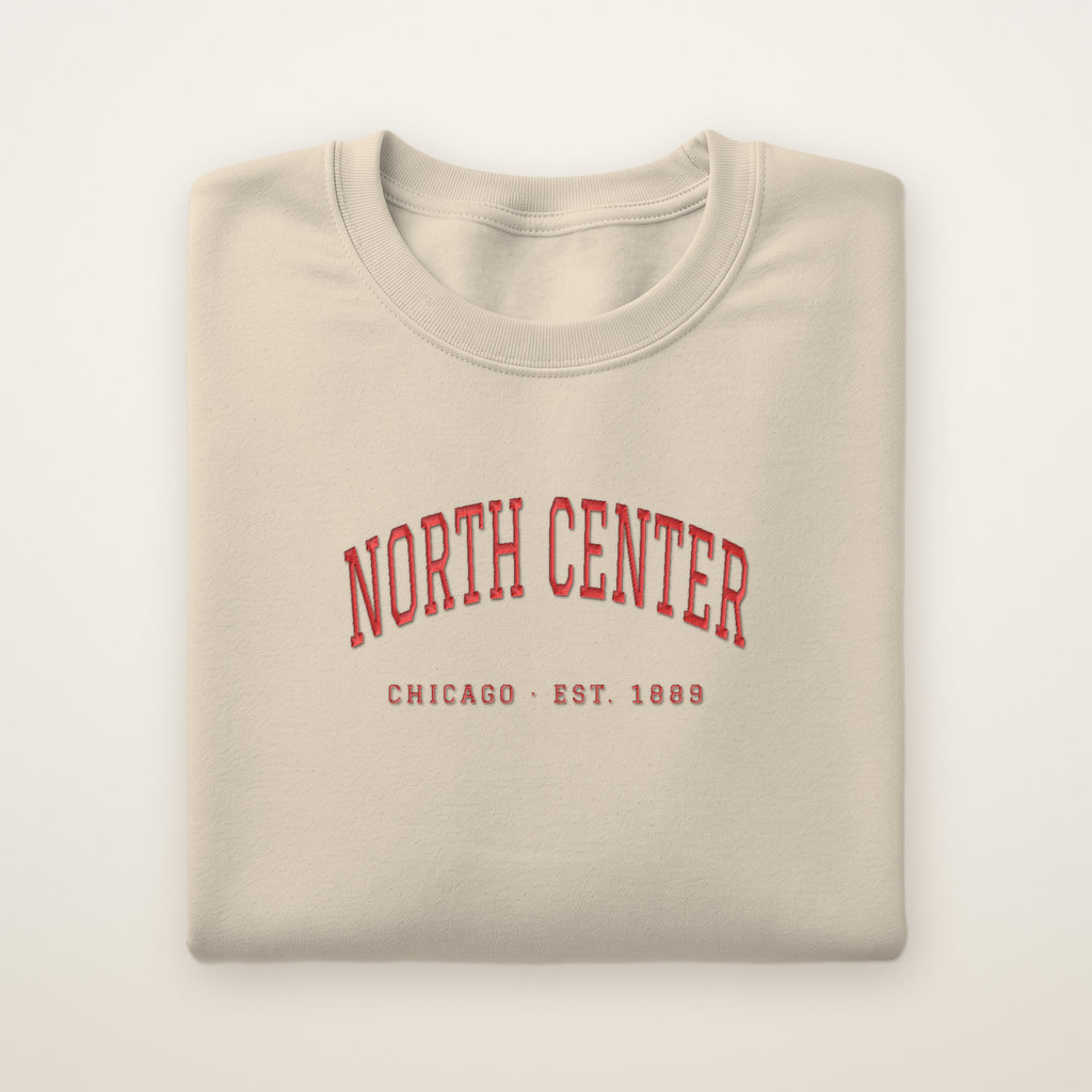 North Center Chicago Embroidered Crewneck — Red Thread on Sand