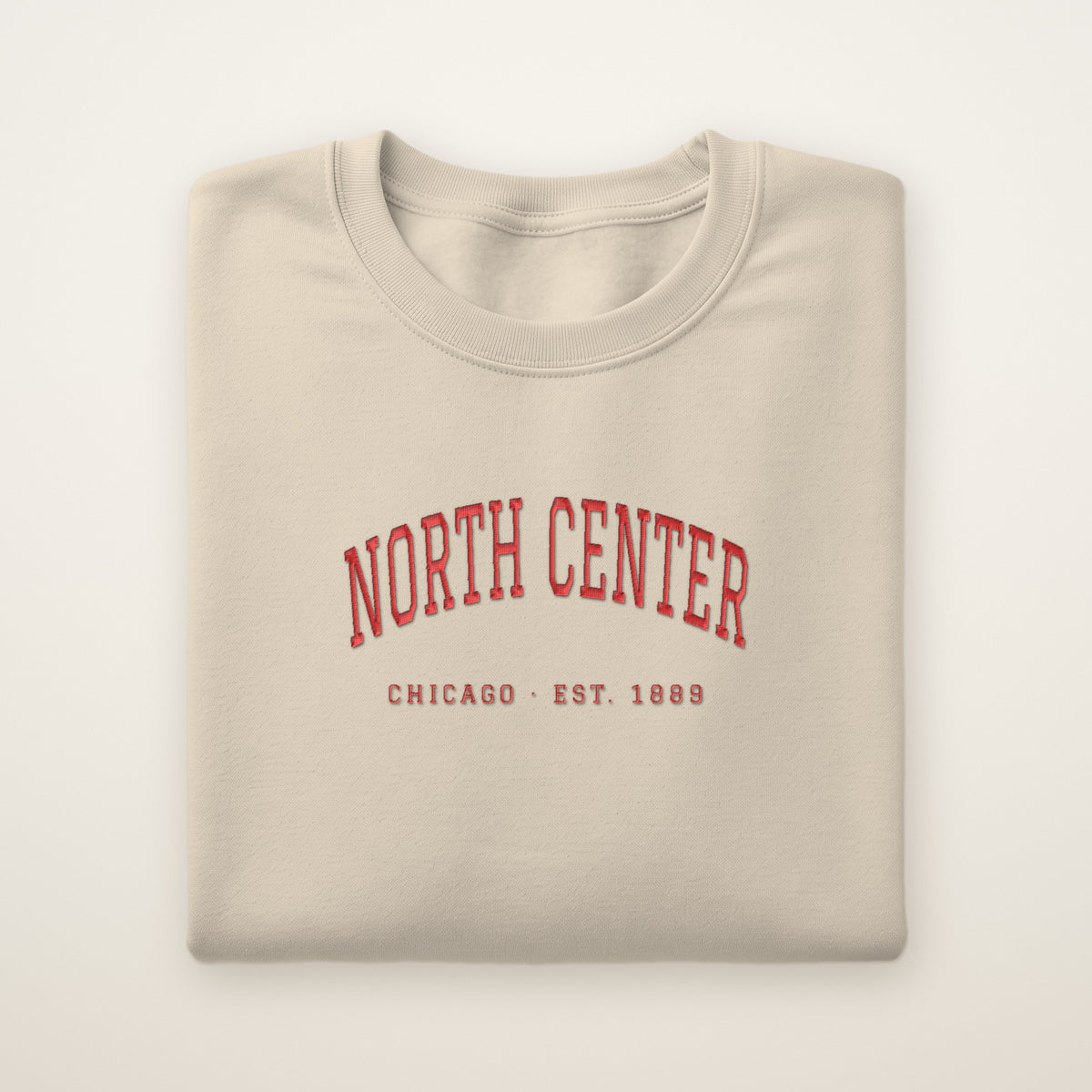 North Center Chicago Embroidered Crewneck — Red Thread on Sand