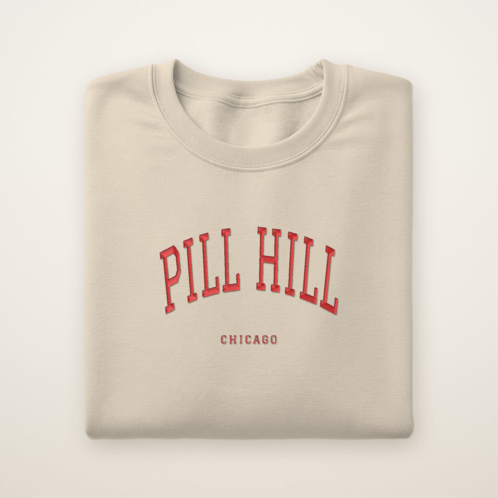 Pill Hill Chicago Embroidered Crewneck — Red Thread on Sand