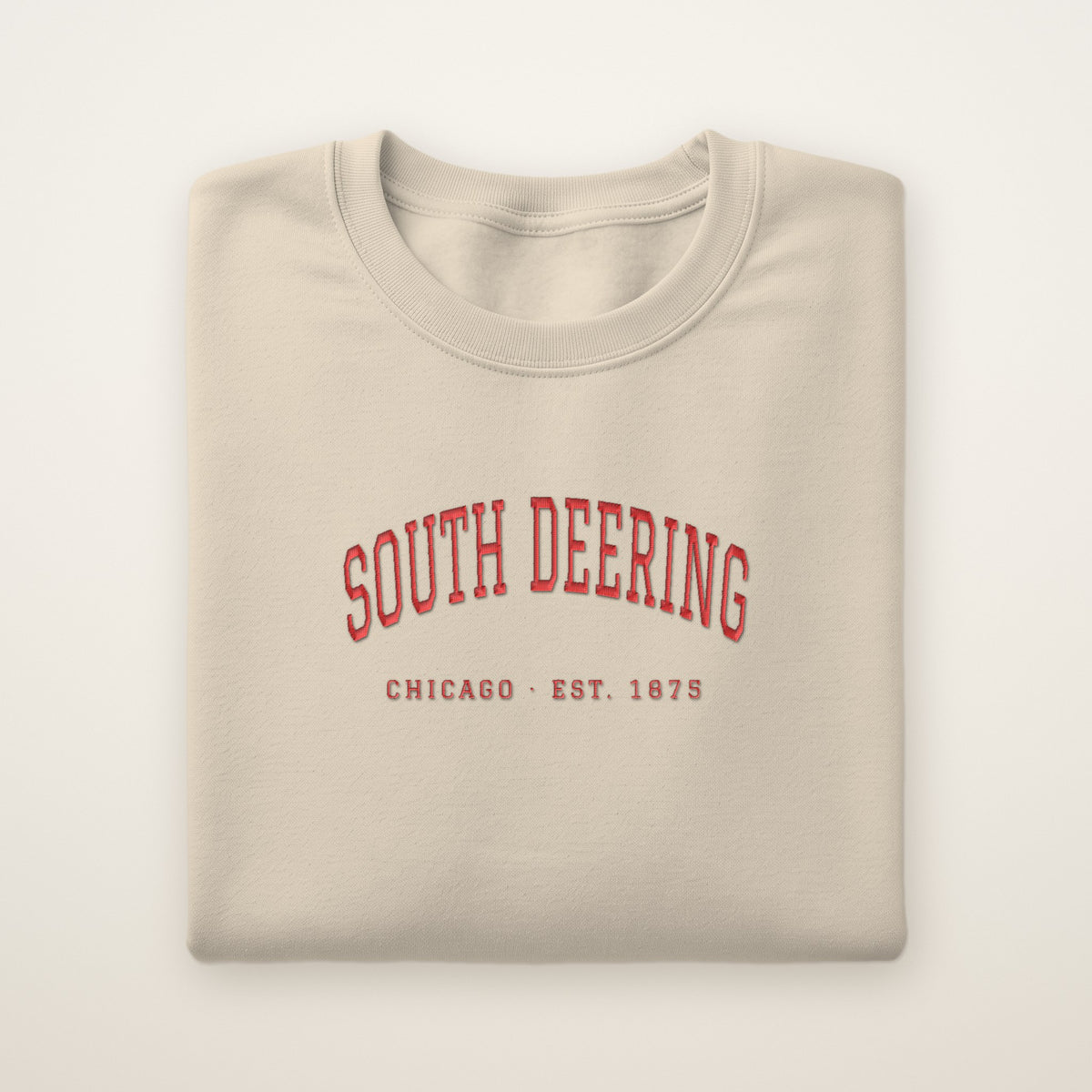 South Deering Chicago Embroidered Crewneck — Red Thread on Sand