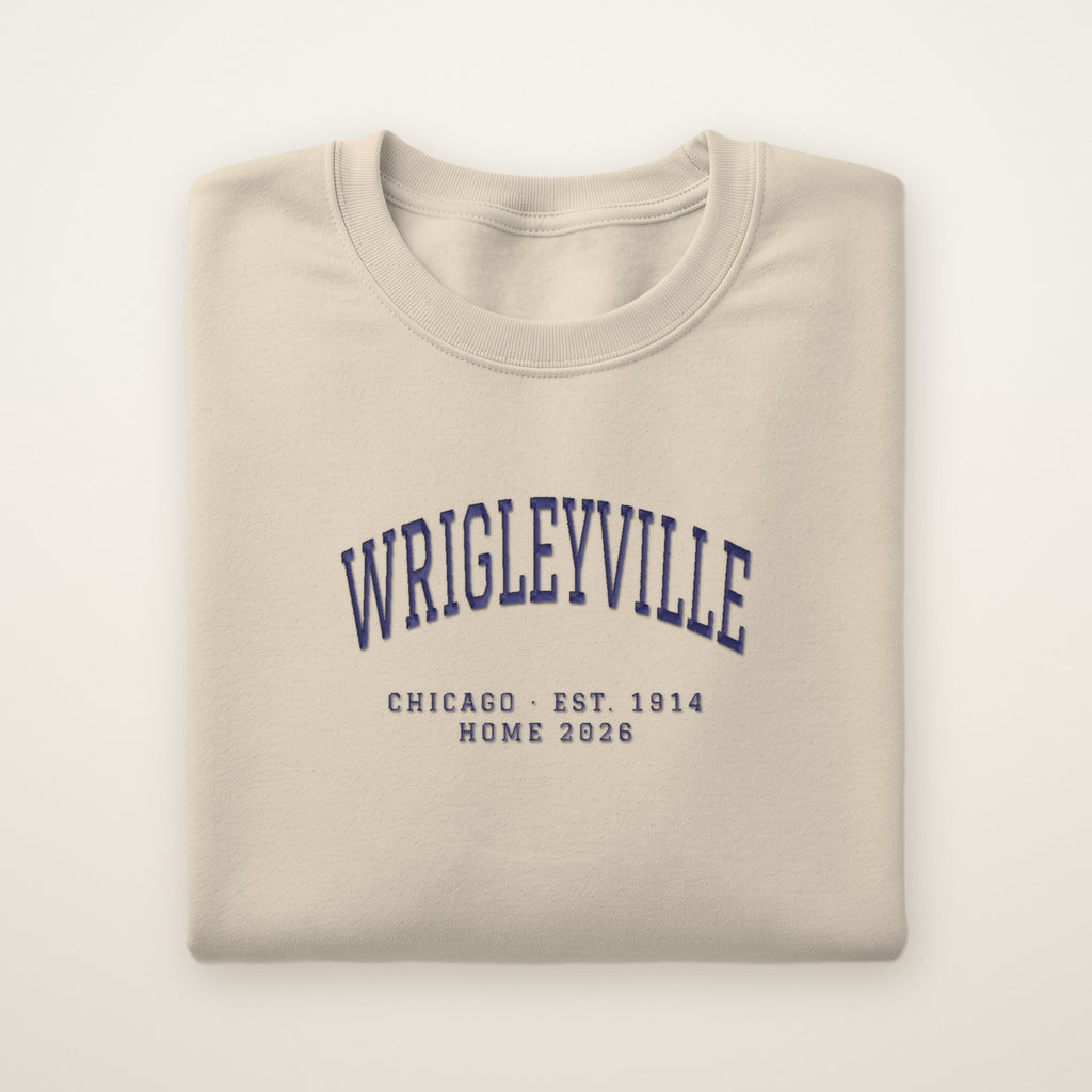 Wrigleyville Chicago Home 2026 Embroidered Crewneck — Navy Thread on Sand
