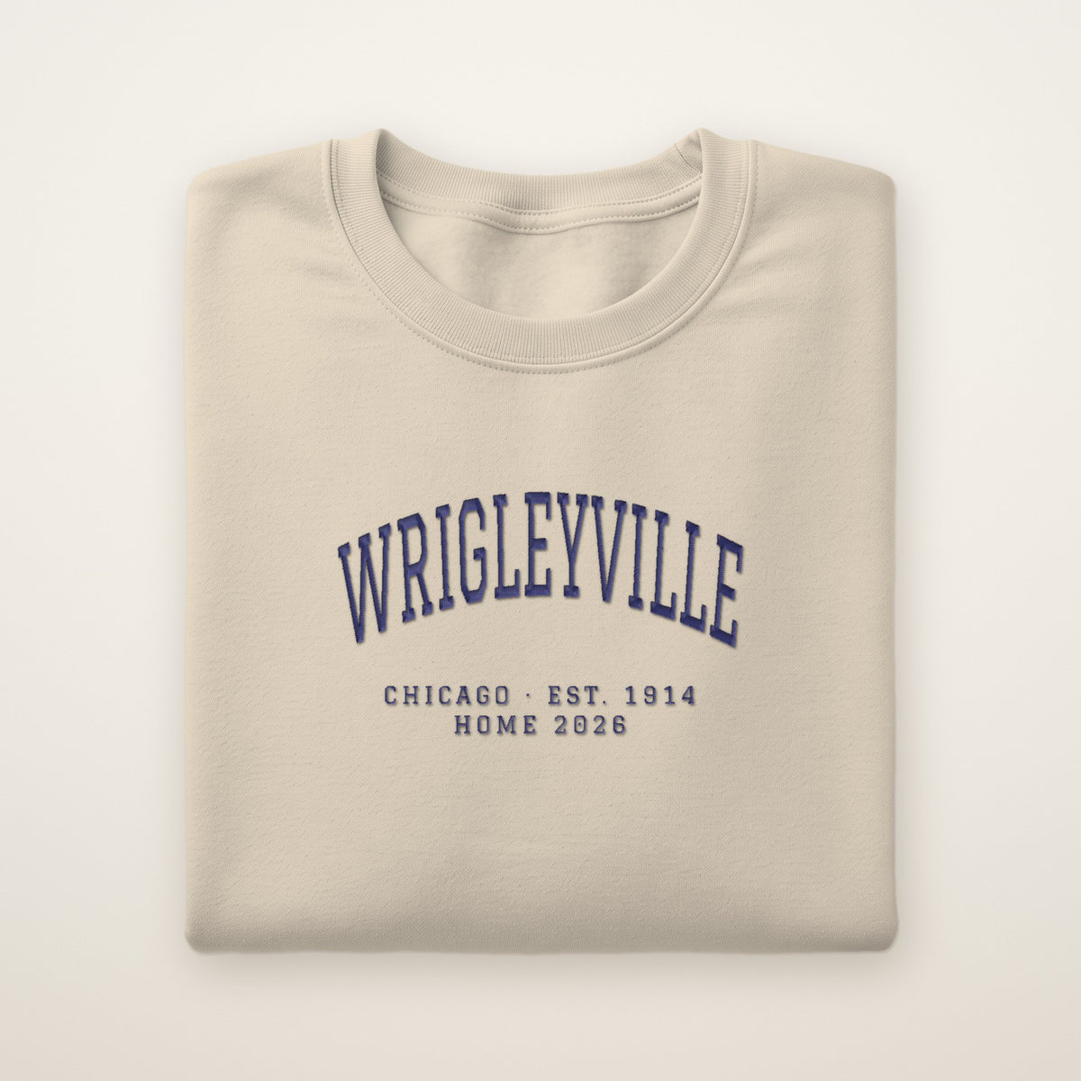 Wrigleyville Chicago Home 2026 Embroidered Crewneck — Navy Thread on Sand
