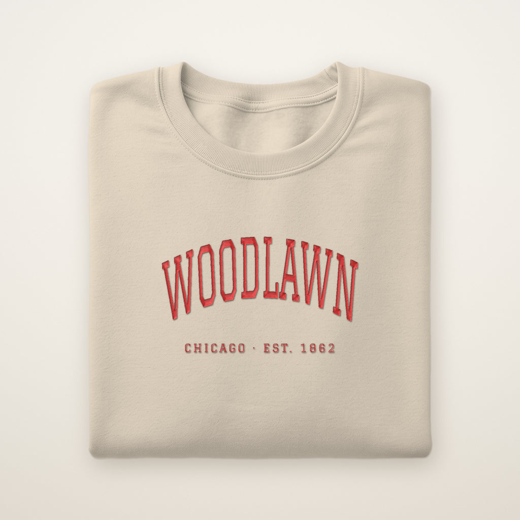 Woodlawn Chicago Embroidered Crewneck — Red Thread on Sand