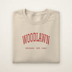 Woodlawn Chicago Embroidered Crewneck — Red Thread on Sand