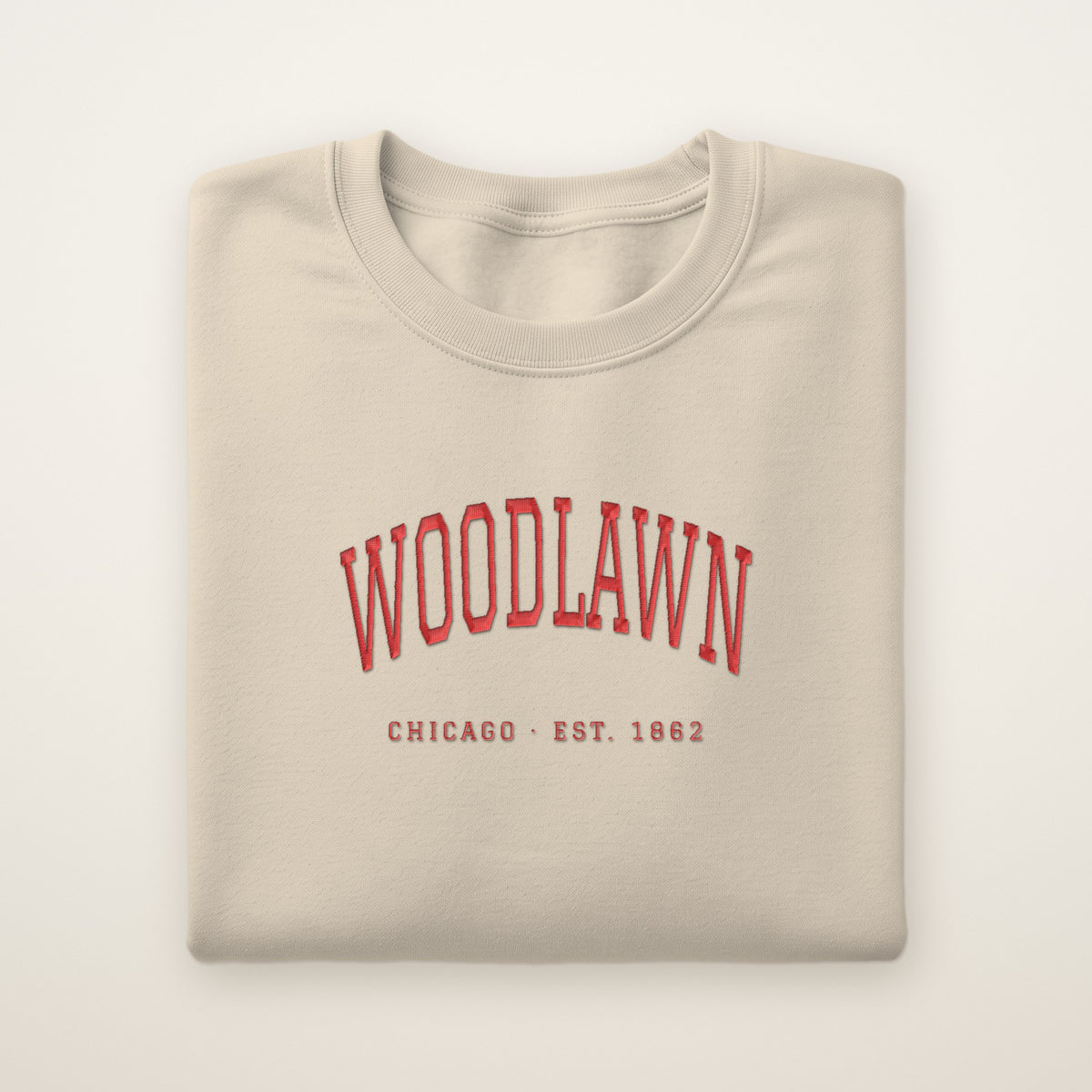 Woodlawn Chicago Embroidered Crewneck — Red Thread on Sand