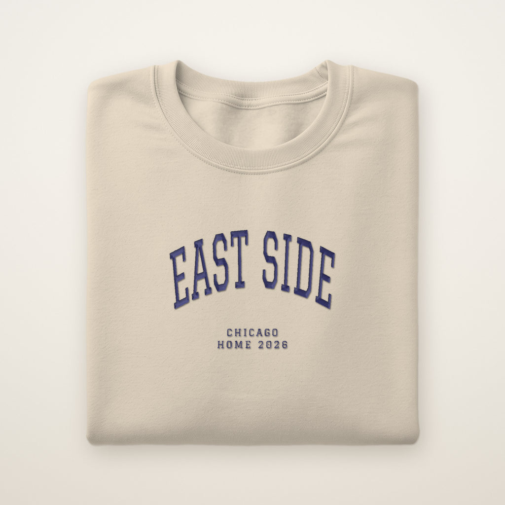 East Side Chicago Home 2026 Embroidered Crewneck — Navy Thread on Sand
