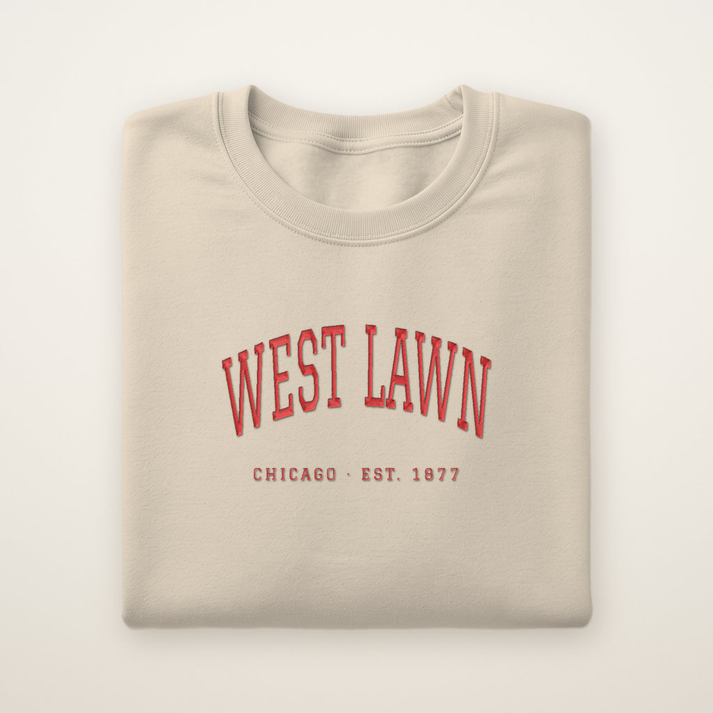 West Lawn Chicago Embroidered Crewneck — Red Thread on Sand