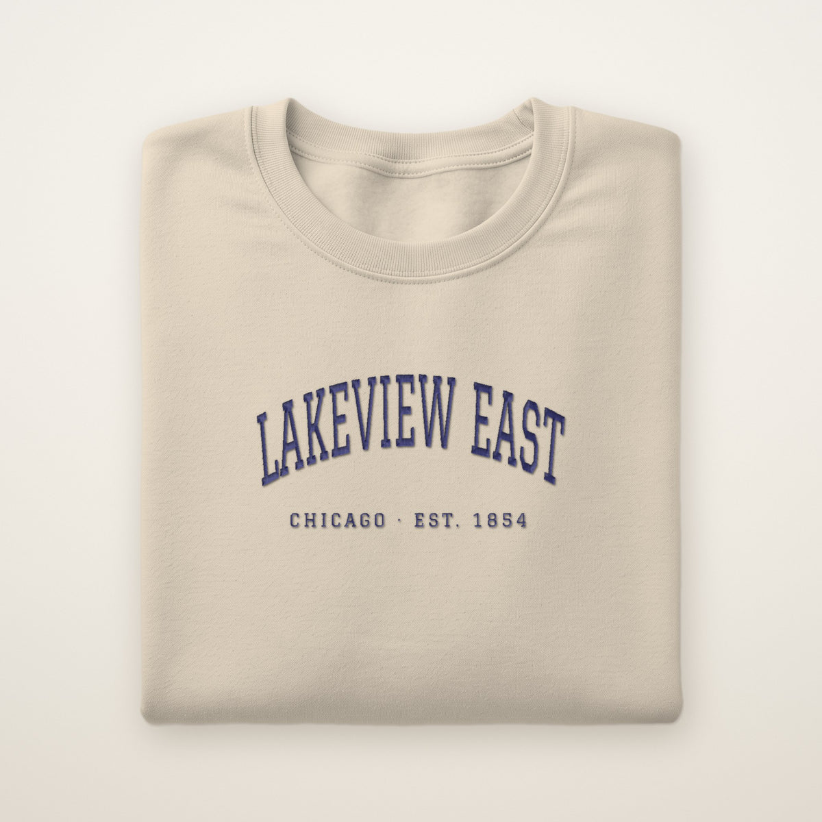 Lakeview East Chicago Embroidered Crewneck — Navy Thread on Sand