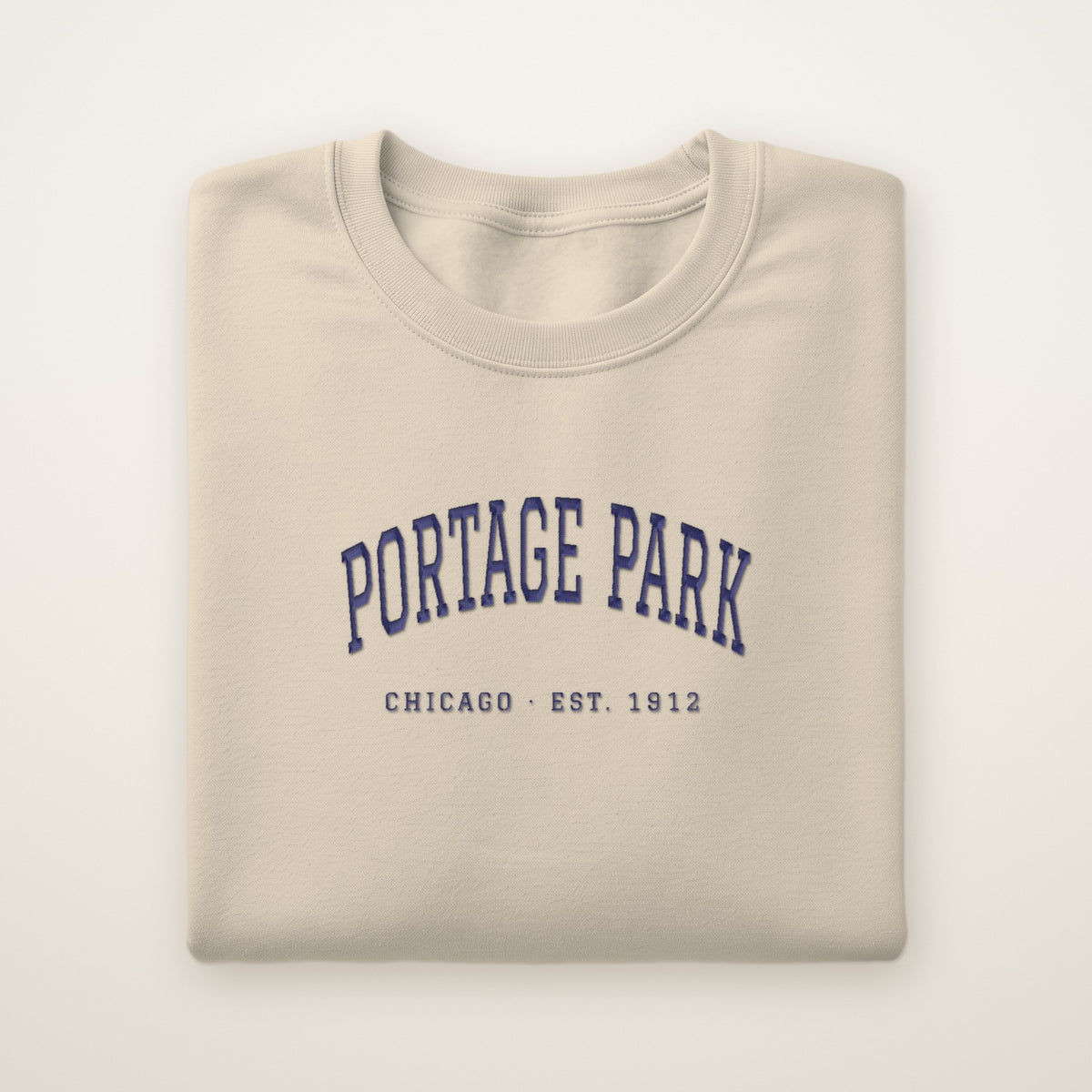 Portage Park Chicago Embroidered Crewneck — Navy Thread on Sand