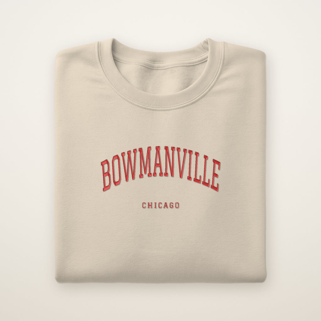 Bowmanville Chicago Embroidered Crewneck — Red Thread on Sand