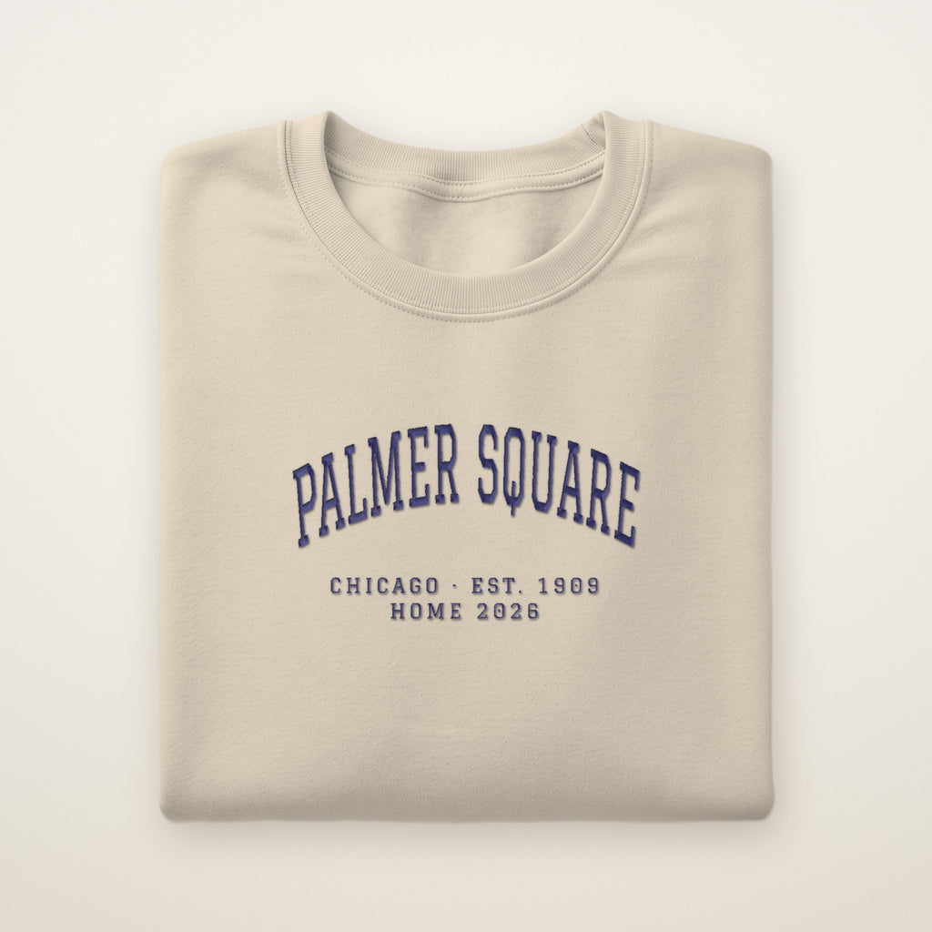Palmer Square Chicago Home 2026 Embroidered Crewneck — Navy Thread on Sand