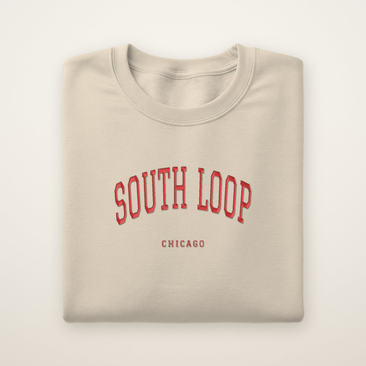 South Loop Chicago Embroidered Crewneck — Red Thread on Sand