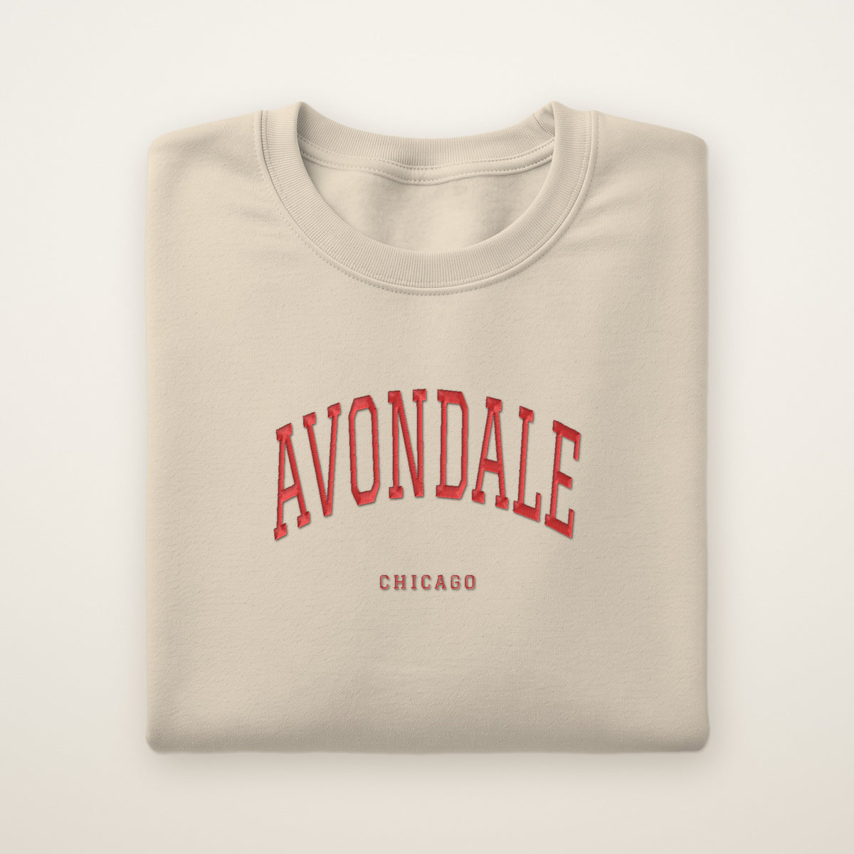 Avondale Chicago Embroidered Crewneck — Red Thread on Sand