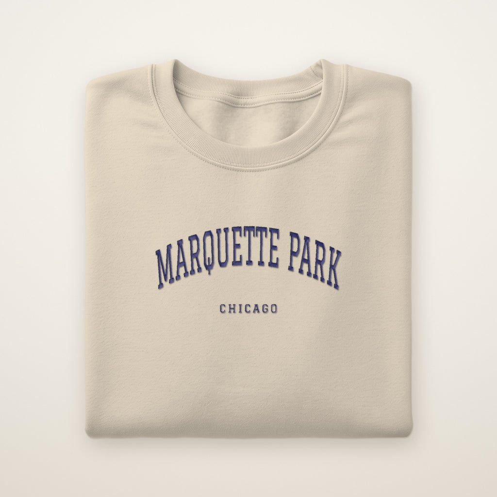 Marquette Park Chicago Embroidered Crewneck — Navy Thread on Sand