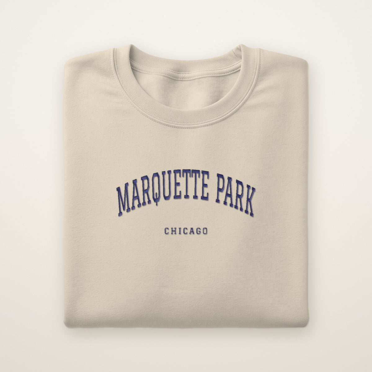 Marquette Park Chicago Embroidered Crewneck — Navy Thread on Sand