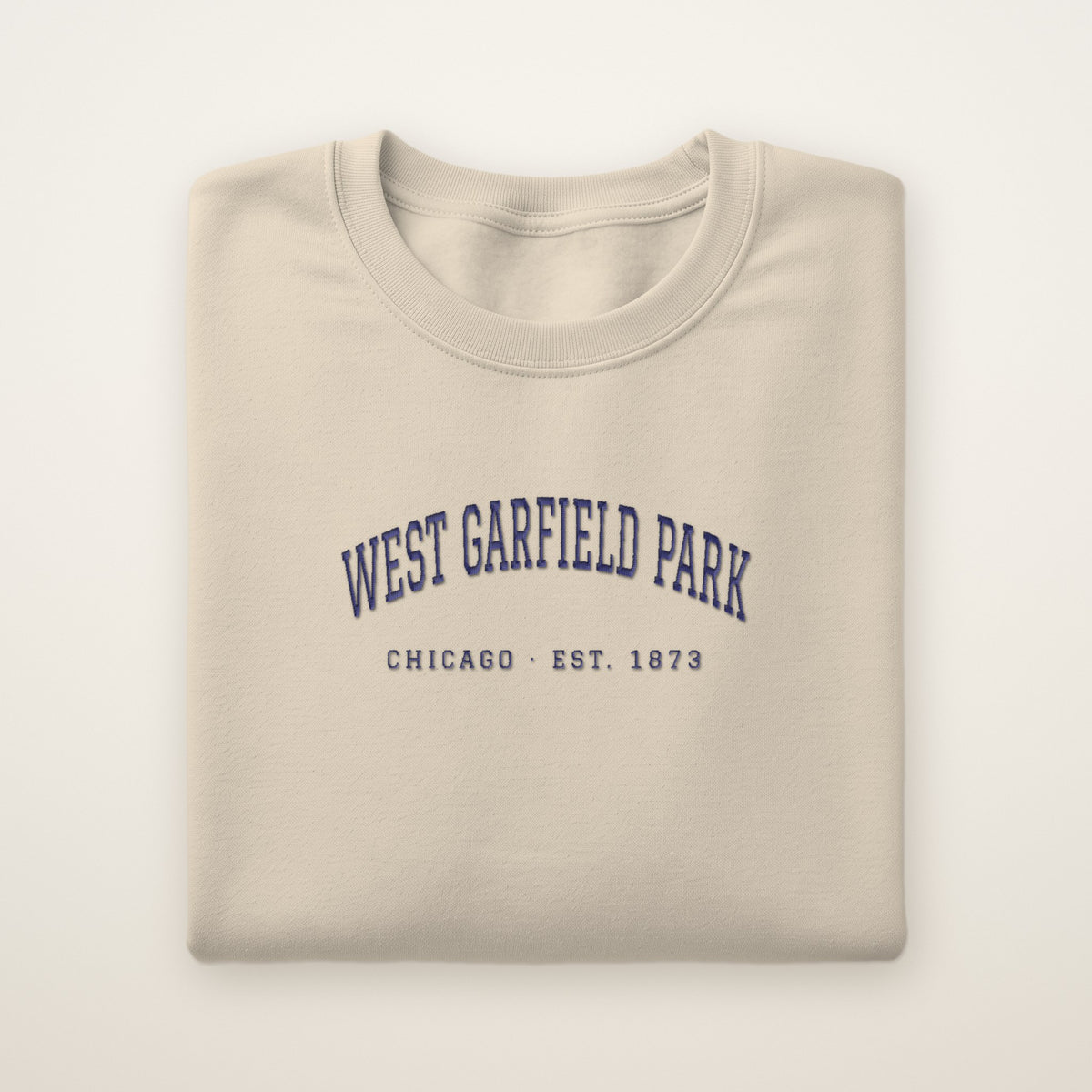 West Garfield Park Chicago Embroidered Crewneck — Navy Thread on Sand