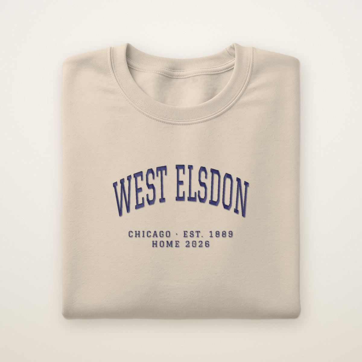 West Elsdon Chicago Home 2026 Embroidered Crewneck — Navy Thread on Sand