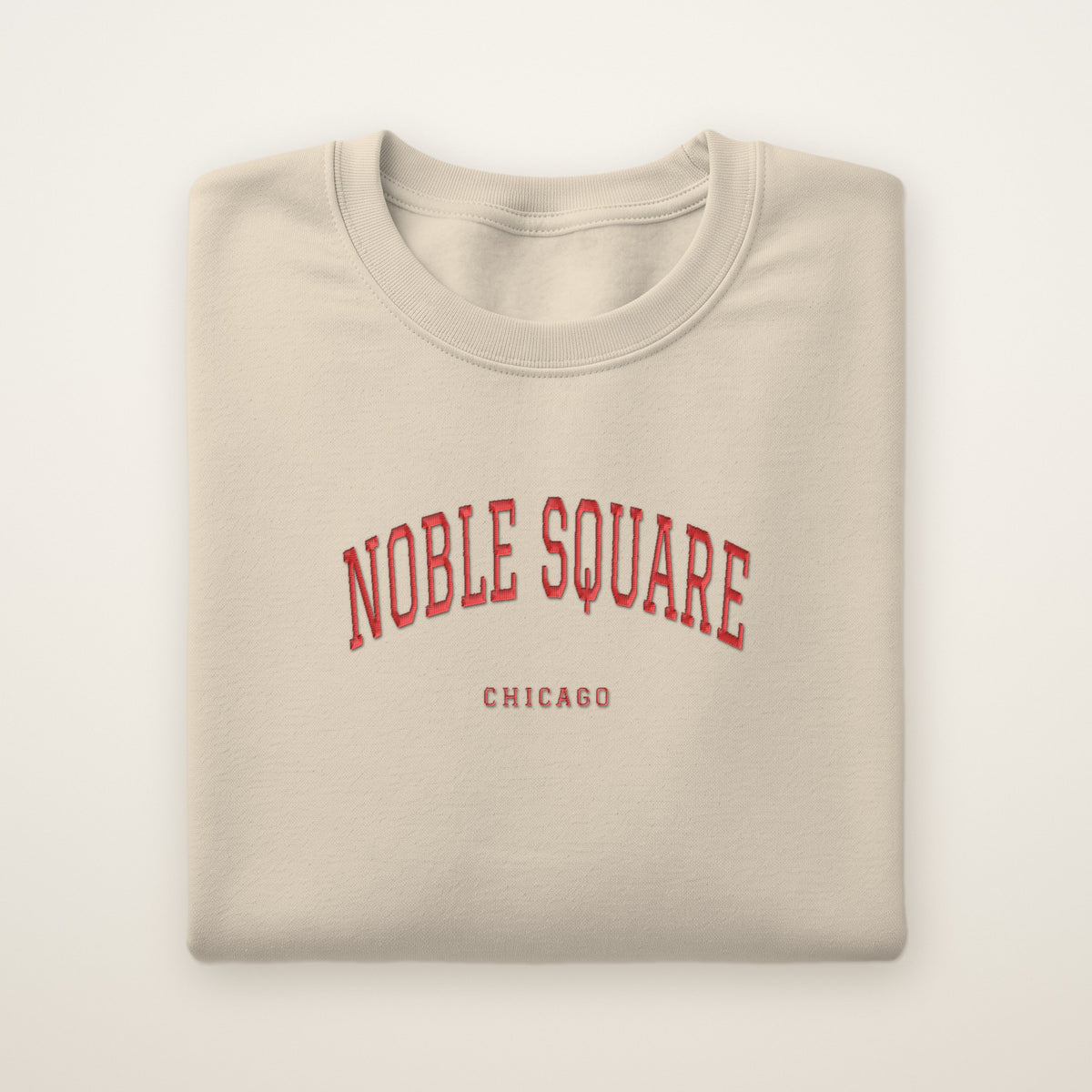 Noble Square Chicago Embroidered Crewneck — Red Thread on Sand