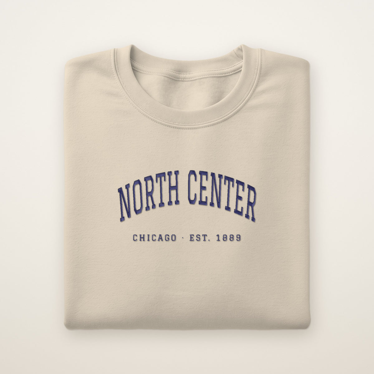 North Center Chicago Embroidered Crewneck — Navy Thread on Sand