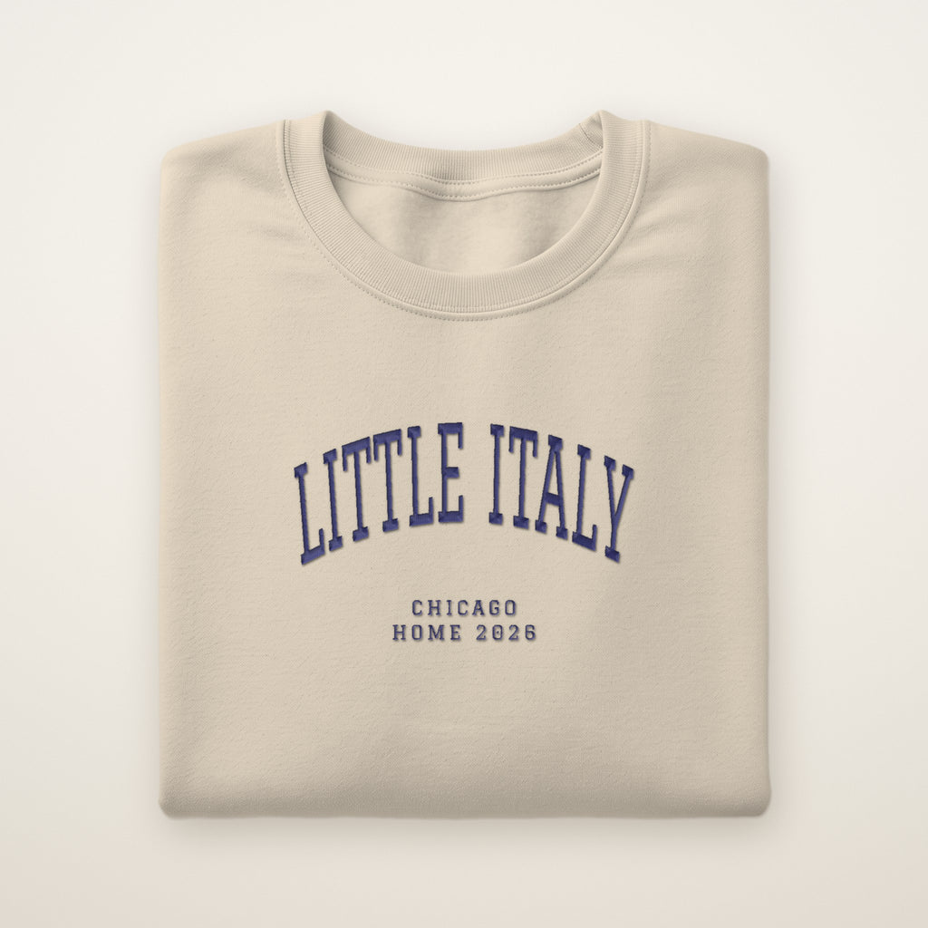 Little Italy Chicago Home 2026 Embroidered Crewneck — Navy Thread on Sand
