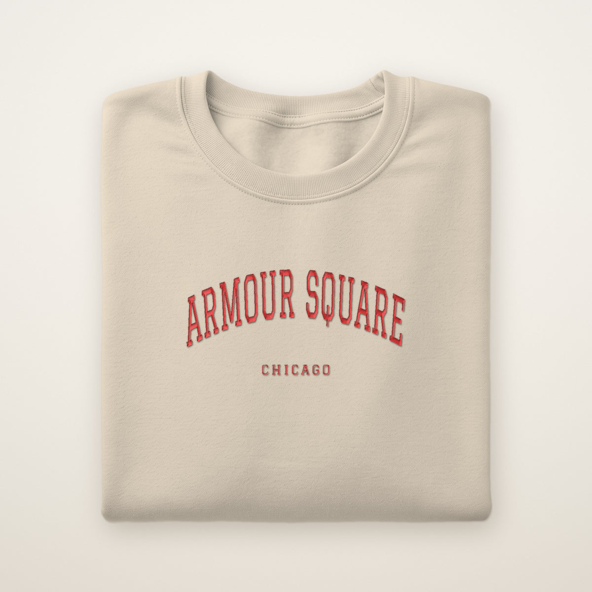 Armour Square Chicago Embroidered Crewneck — Red Thread on Sand