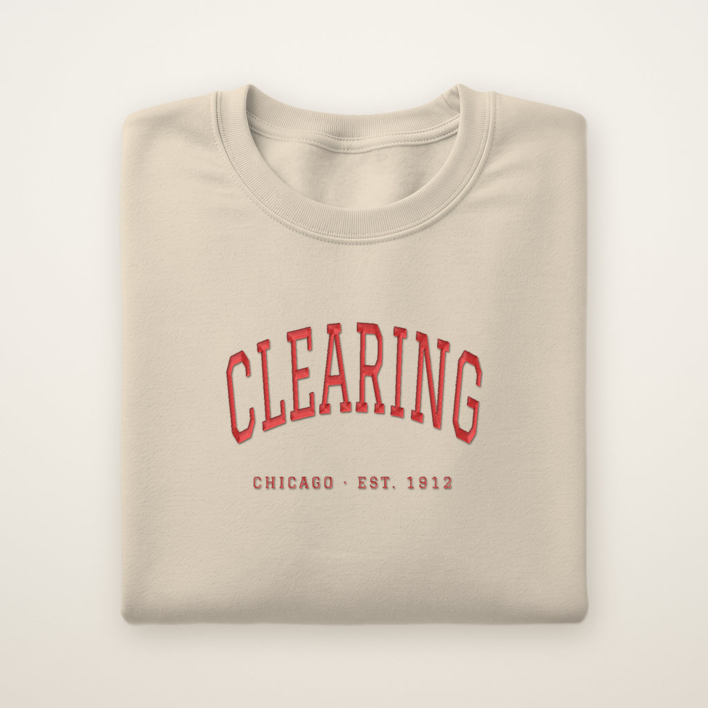 Clearing Chicago Embroidered Crewneck — Red Thread on Sand