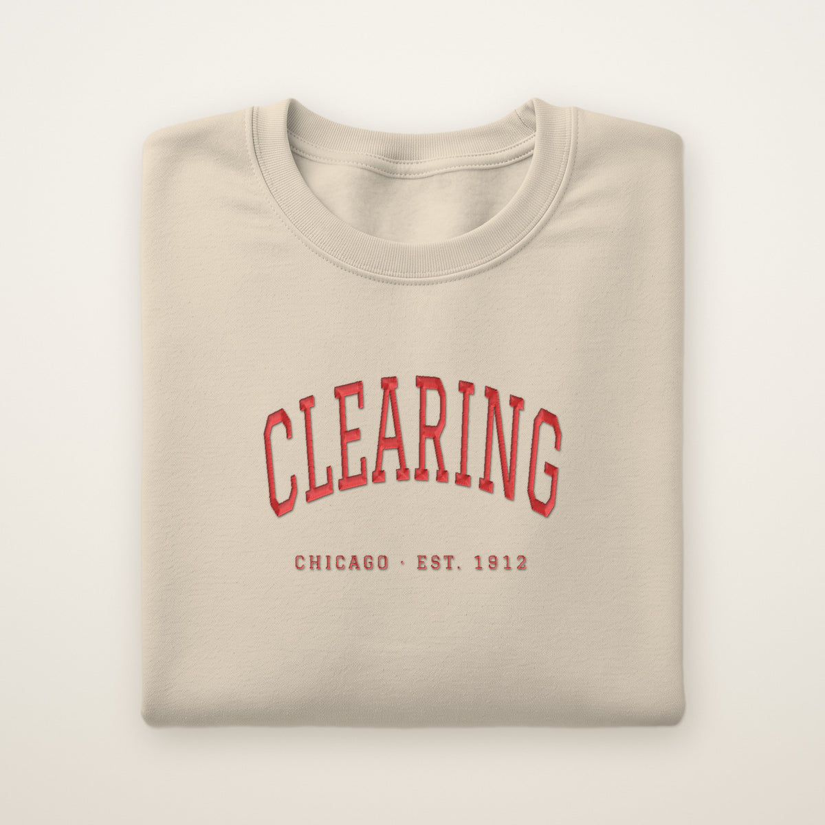 Clearing Chicago Embroidered Crewneck — Red Thread on Sand