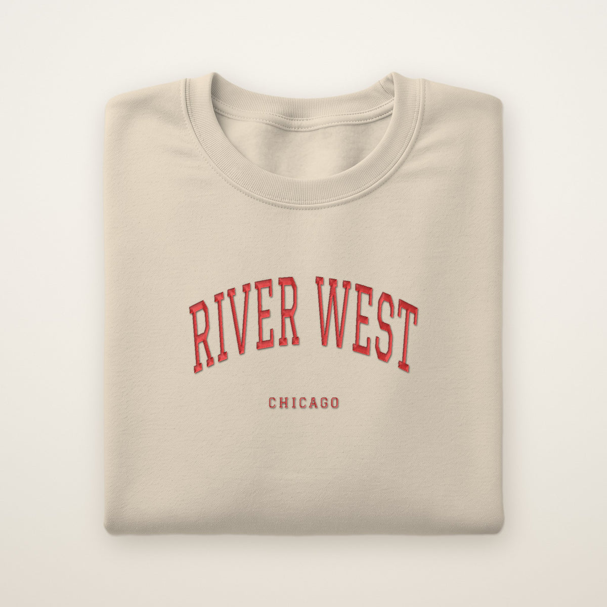 River West Chicago Embroidered Crewneck — Red Thread on Sand