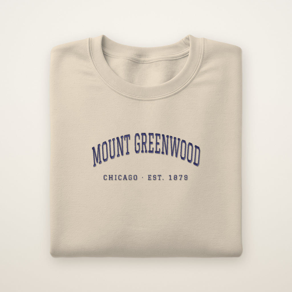 Mount Greenwood Chicago Embroidered Crewneck — Navy Thread on Sand