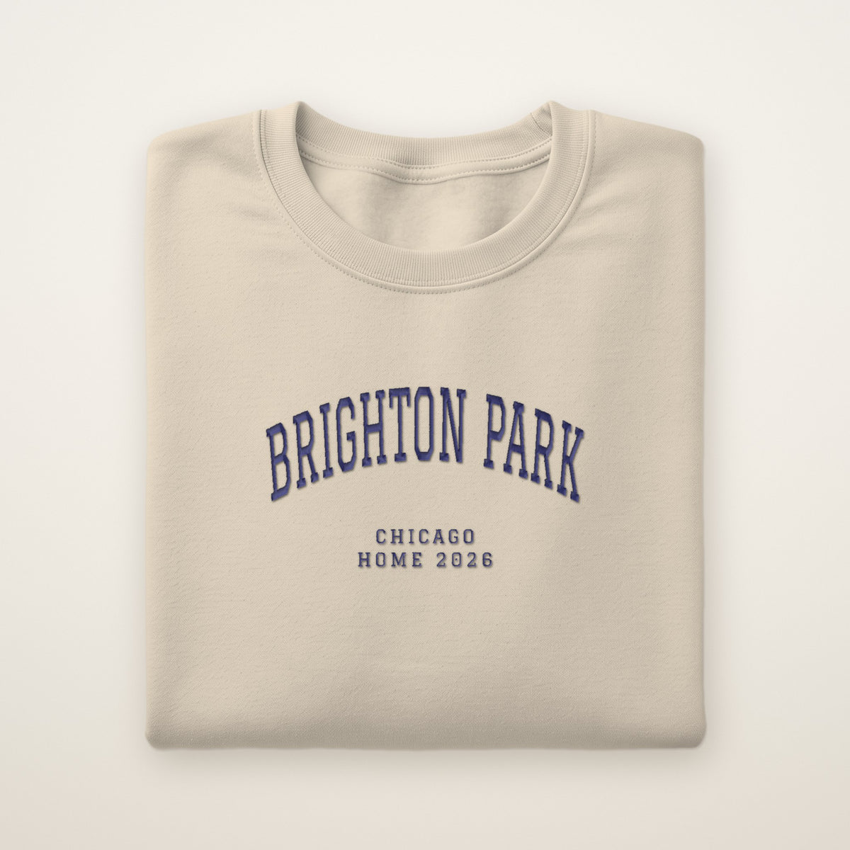 Brighton Park Chicago Home 2026 Embroidered Crewneck — Navy Thread on Sand