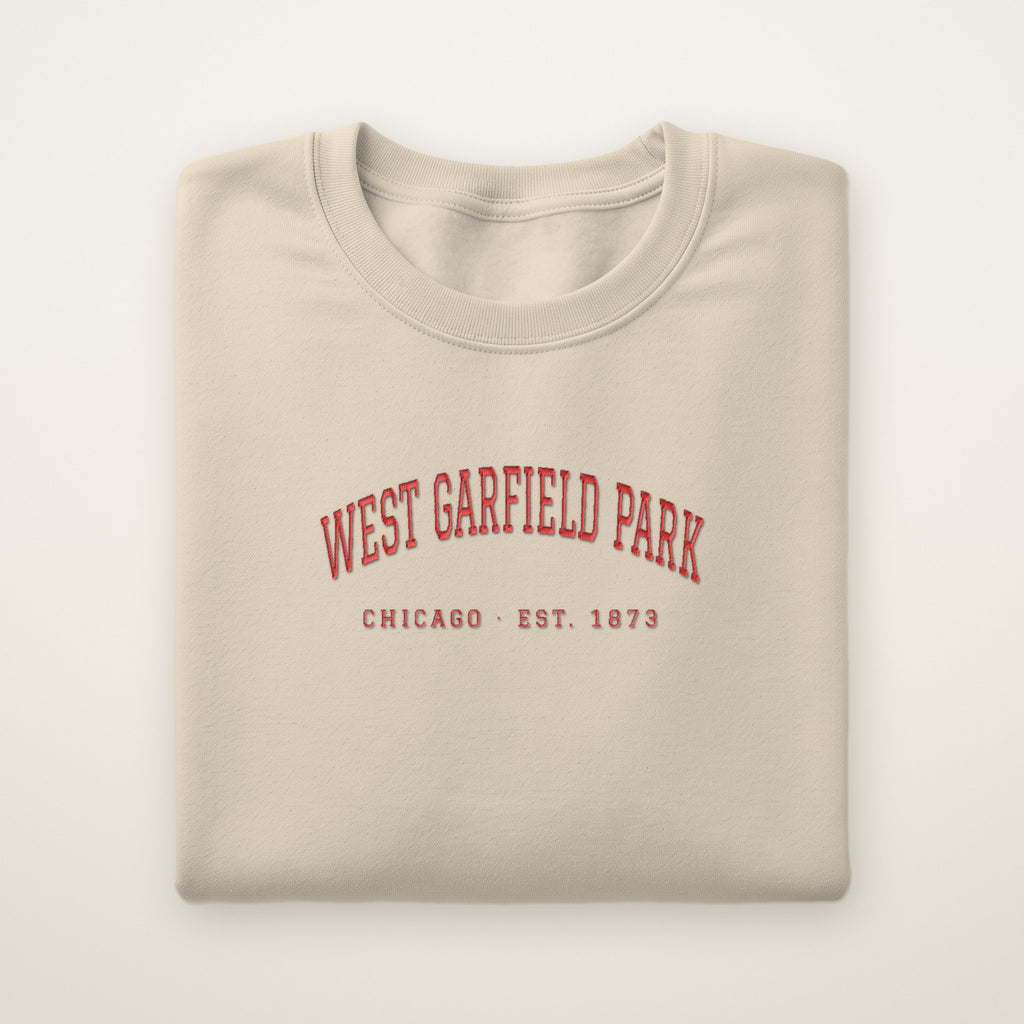 West Garfield Park Chicago Embroidered Crewneck — Red Thread on Sand