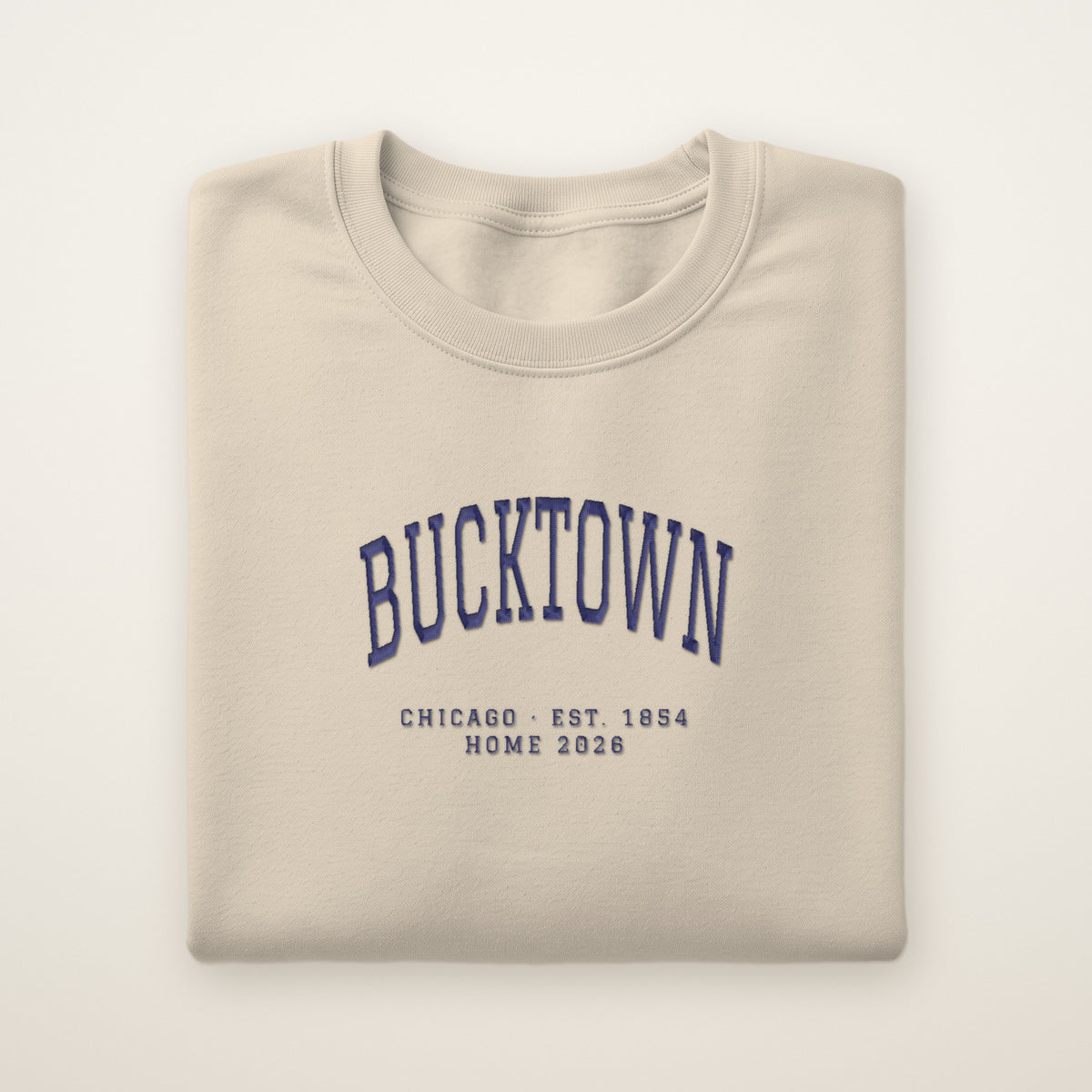 Bucktown Chicago Home 2026 Embroidered Crewneck — Navy Thread on Sand