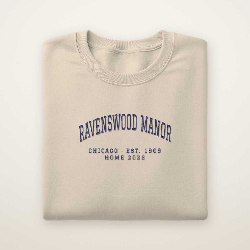Ravenswood Manor Chicago Home 2026 Embroidered Crewneck — Navy Thread on Sand