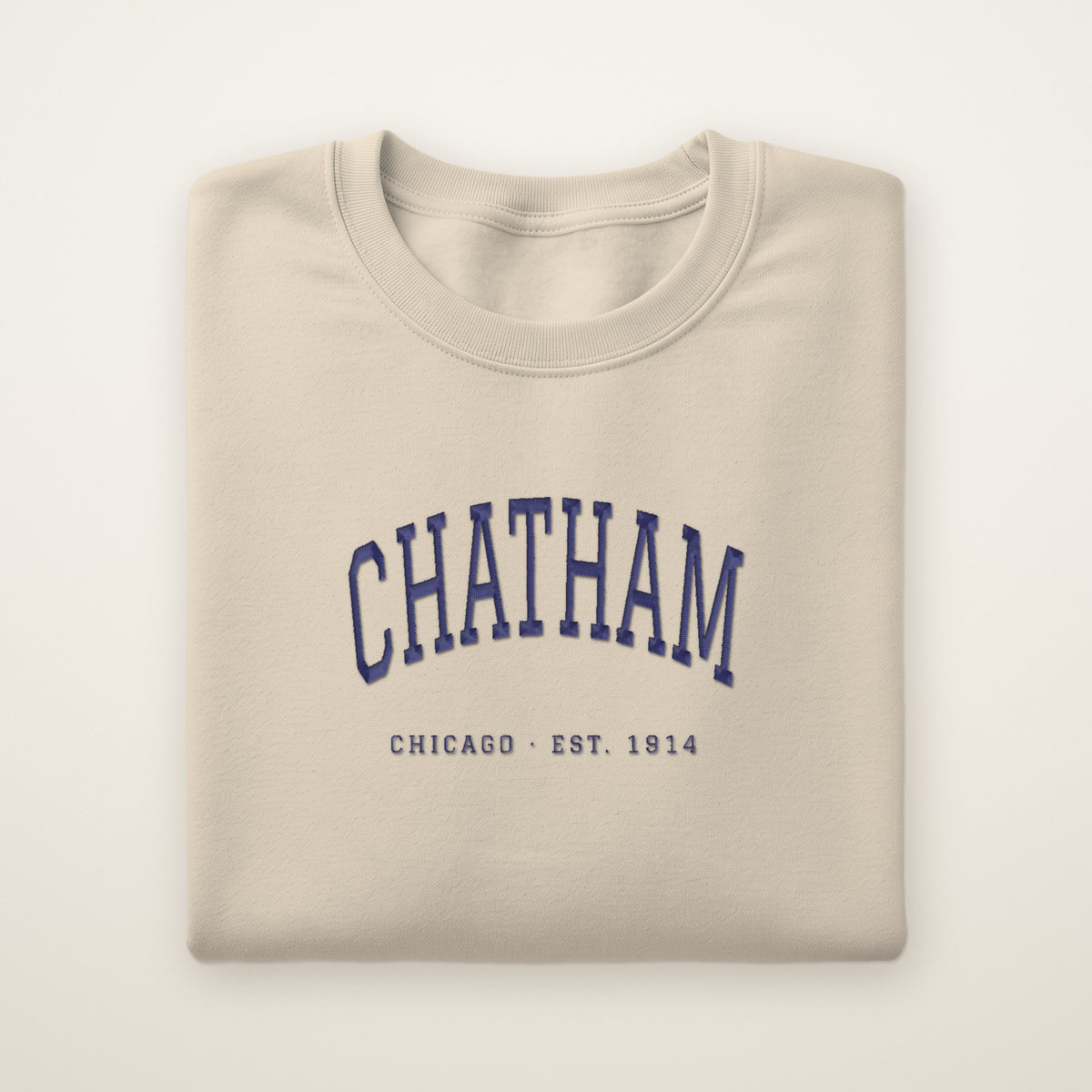 Chatham Chicago Embroidered Crewneck — Navy Thread on Sand