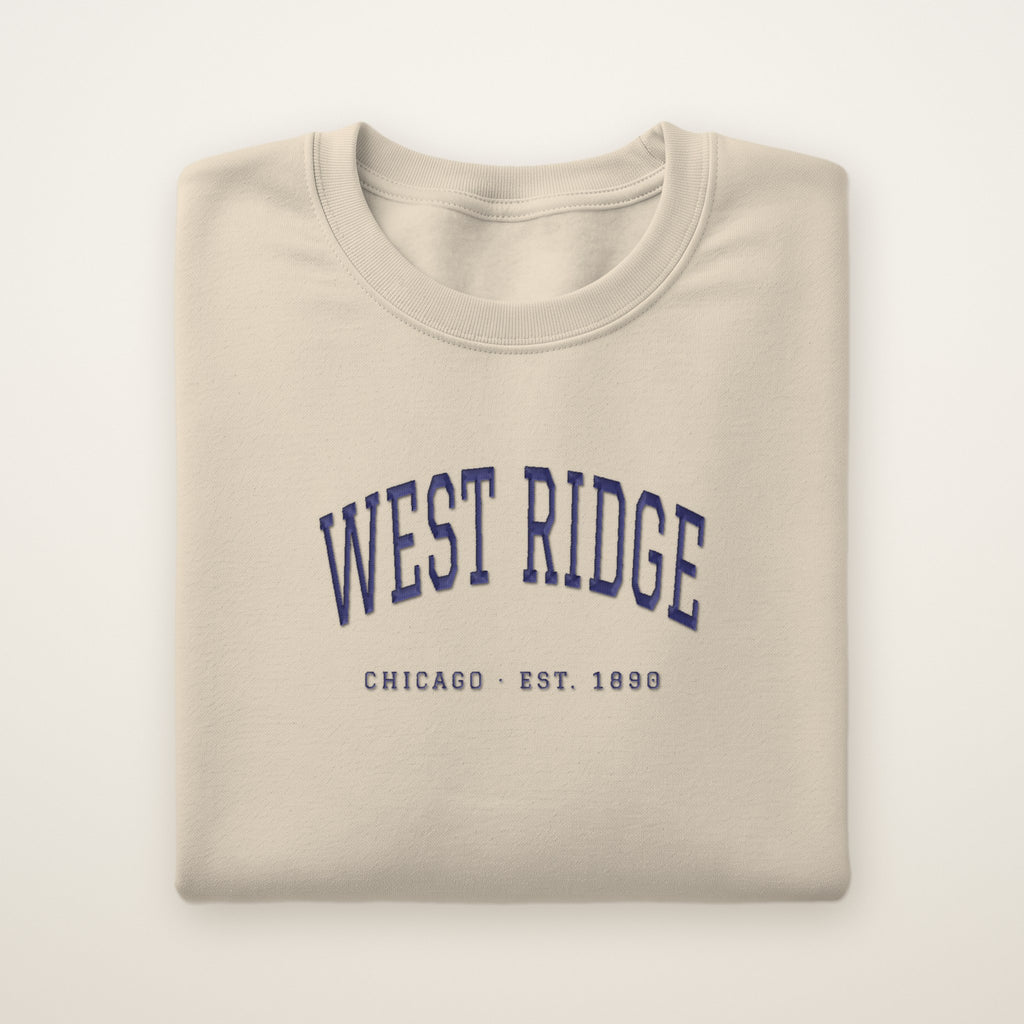 West Ridge Chicago Embroidered Crewneck — Navy Thread on Sand
