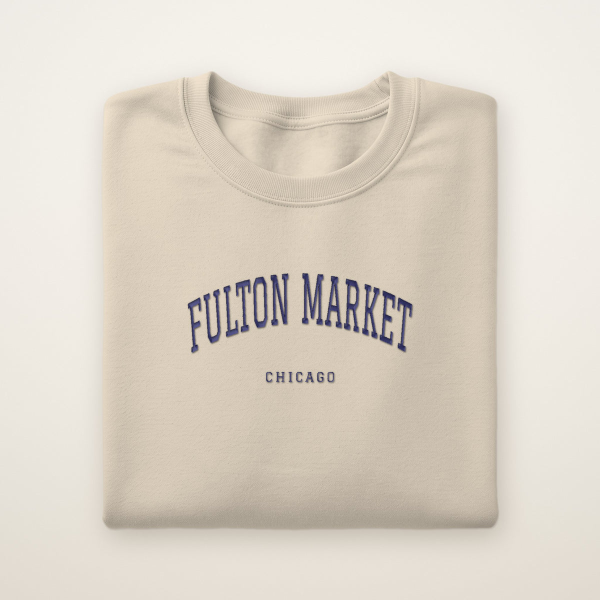 Fulton Market Chicago Embroidered Crewneck — Navy Thread on Sand