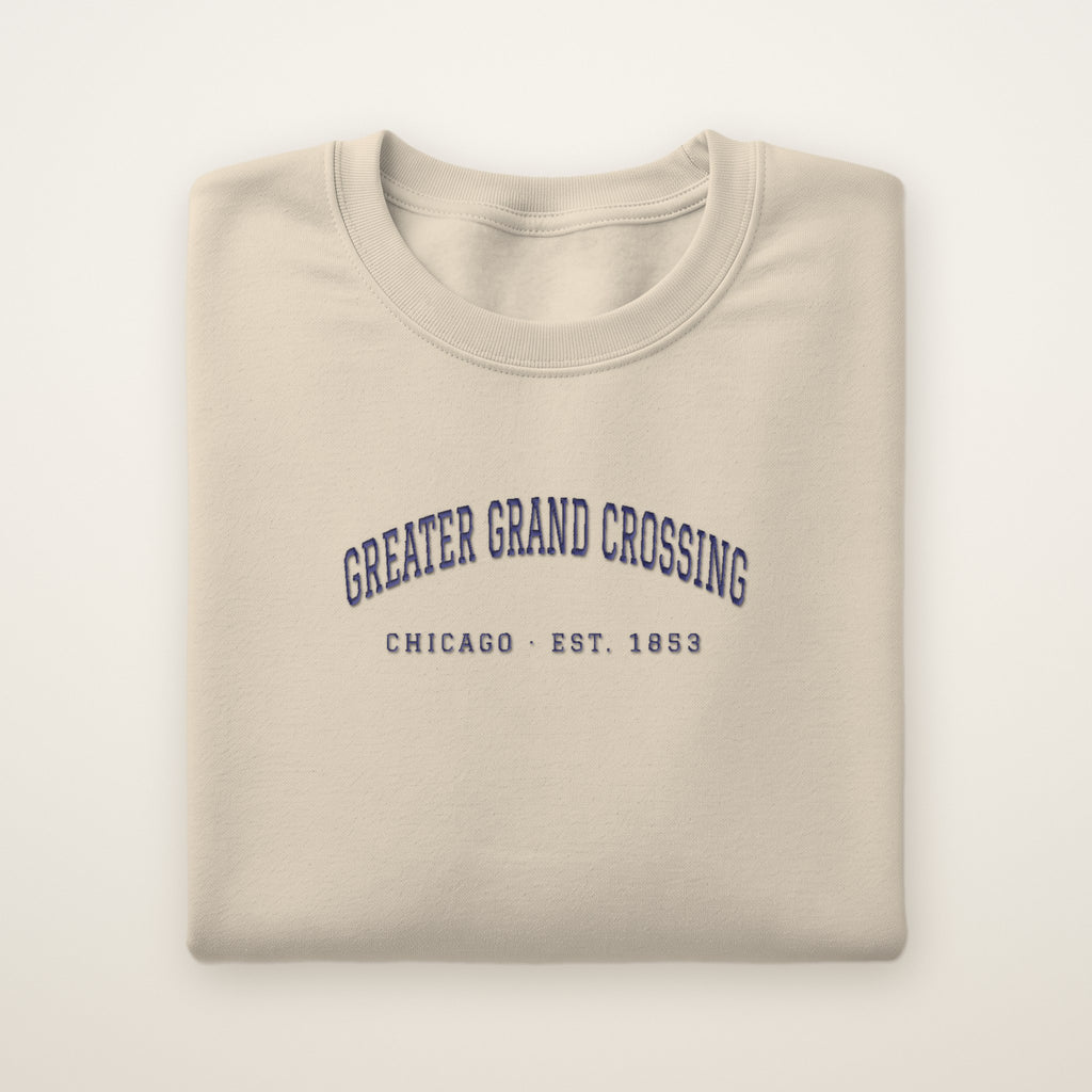 Greater Grand Crossing Chicago Embroidered Crewneck — Navy Thread on Sand