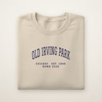 Old Irving Park Chicago Home 2026 Embroidered Crewneck — Navy Thread on Sand