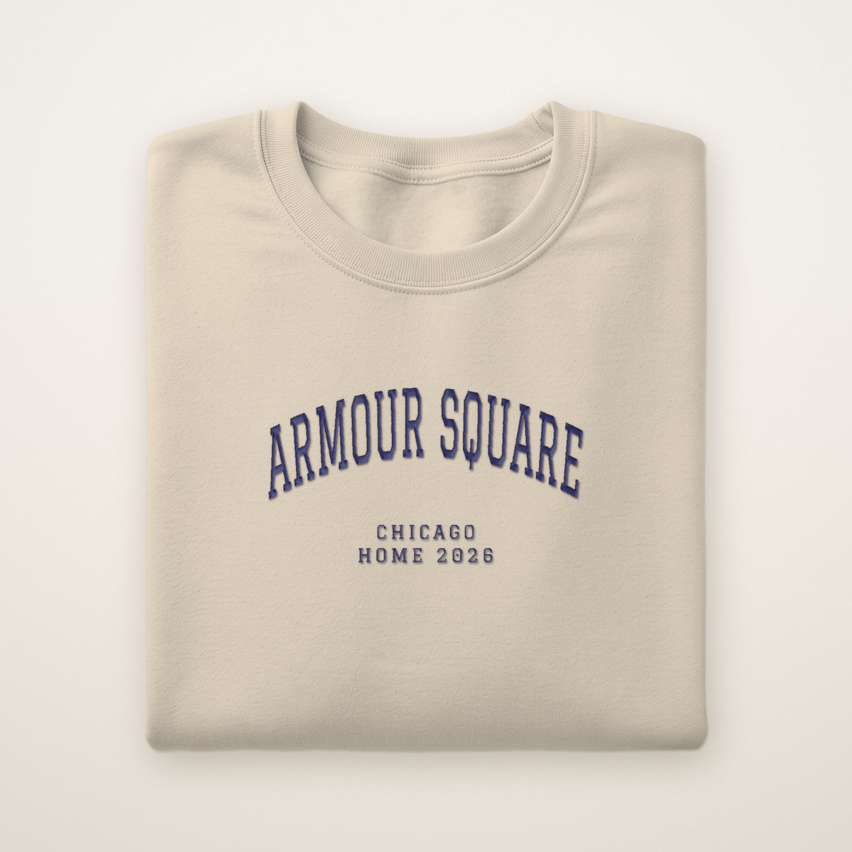 Armour Square Chicago Home 2026 Embroidered Crewneck — Navy Thread on Sand