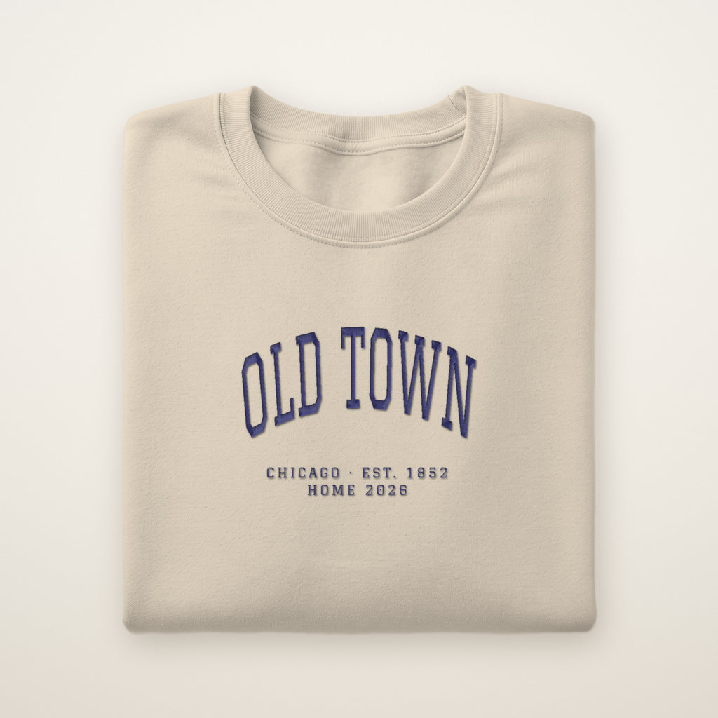 Old Town Chicago Home 2026 Embroidered Crewneck — Navy Thread on Sand