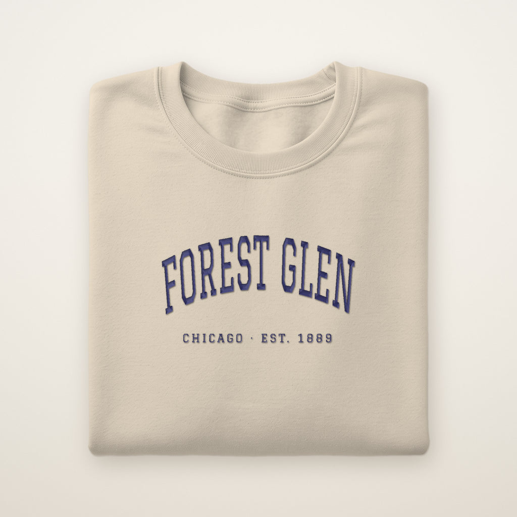 Forest Glen Chicago Embroidered Crewneck — Navy Thread on Sand