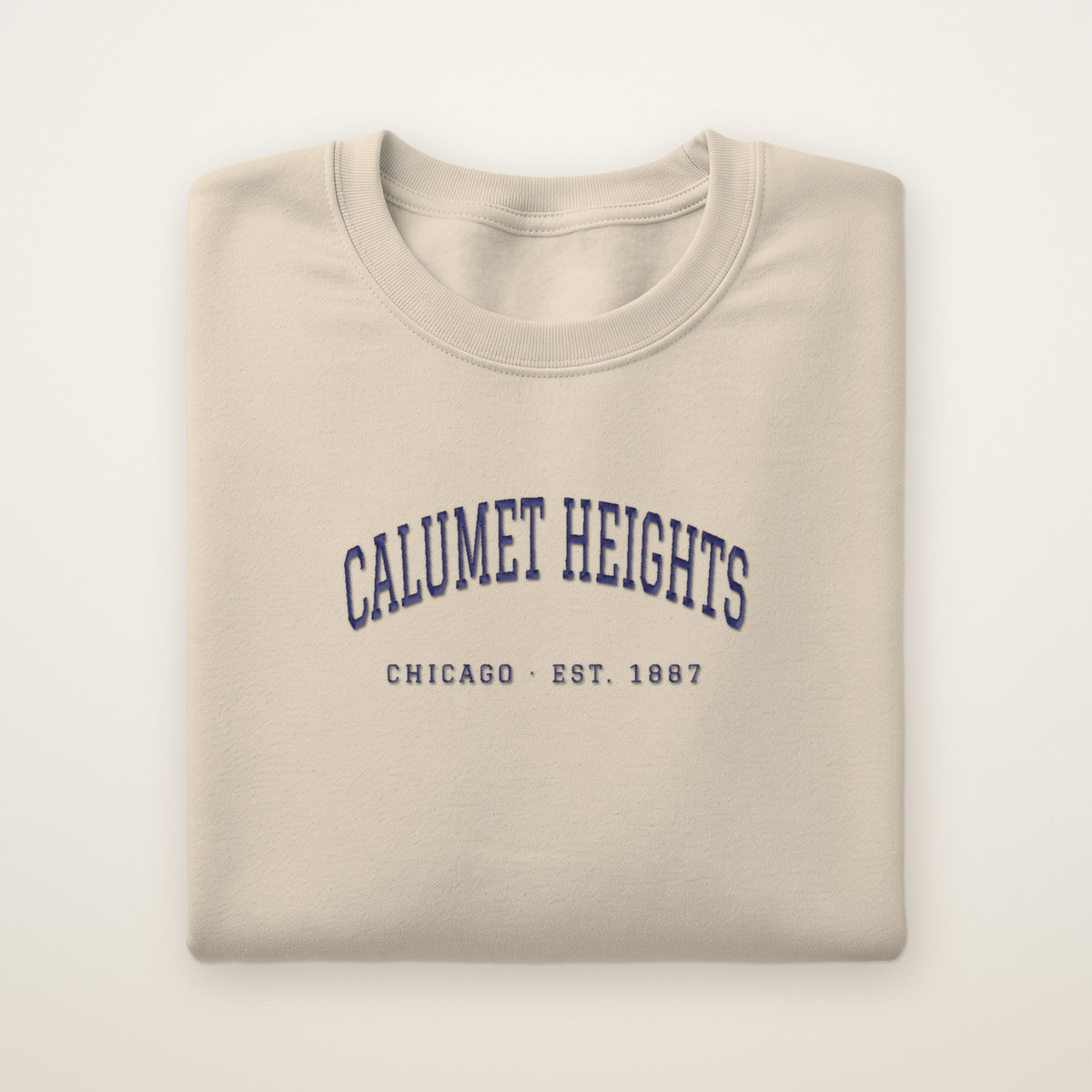 Calumet Heights Chicago Embroidered Crewneck — Navy Thread on Sand