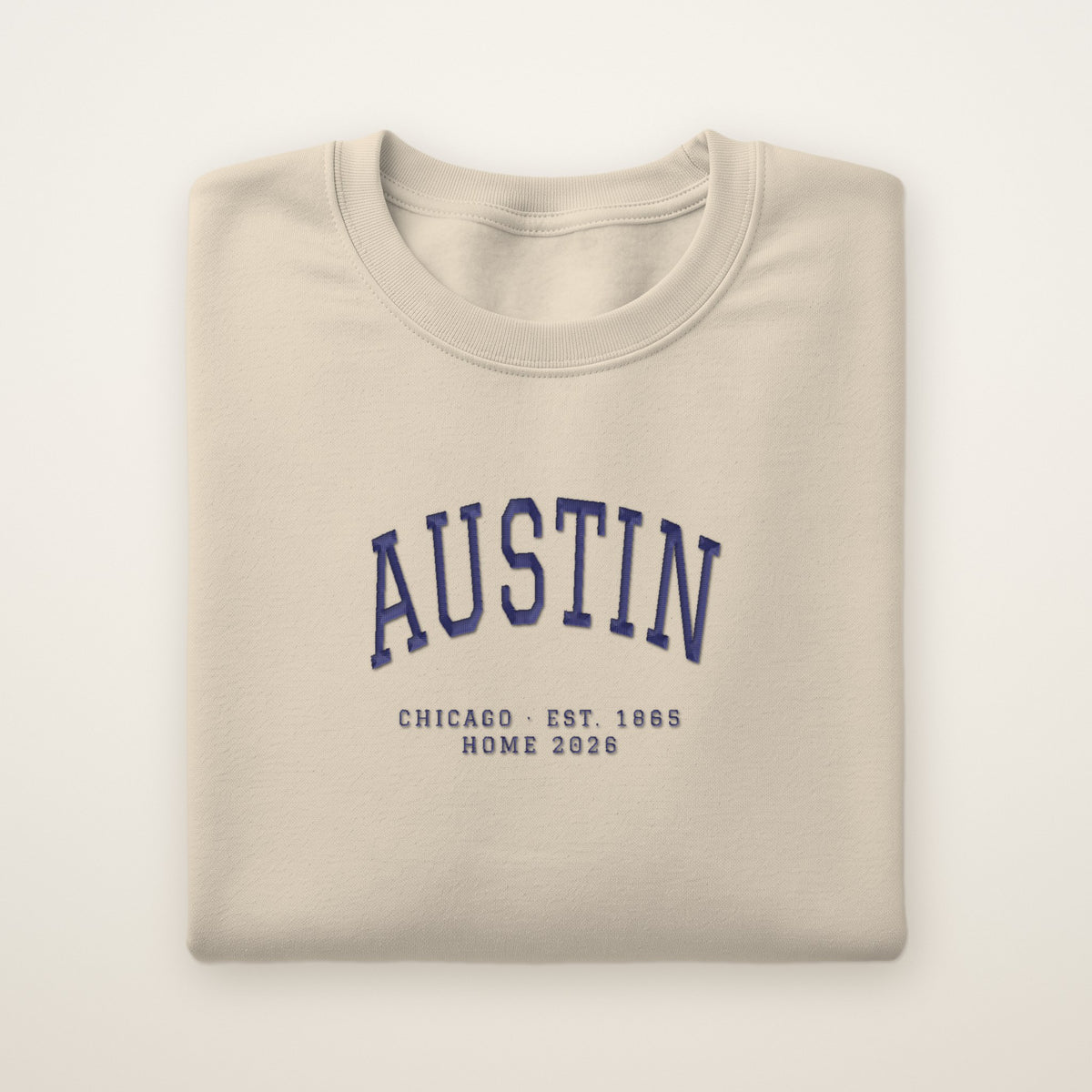 Austin Chicago Home 2026 Embroidered Crewneck — Navy Thread on Sand