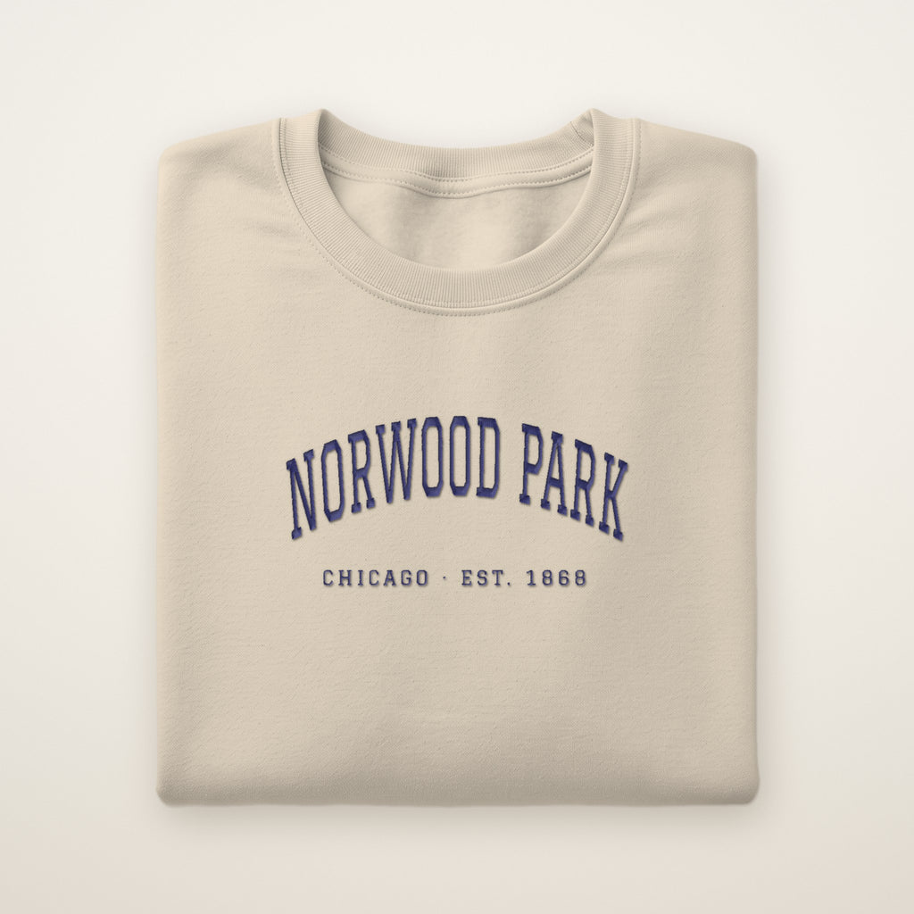 Norwood Park Chicago Embroidered Crewneck — Navy Thread on Sand