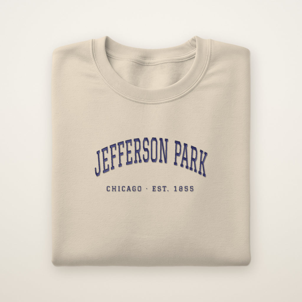 Jefferson Park Chicago Embroidered Crewneck — Navy Thread on Sand