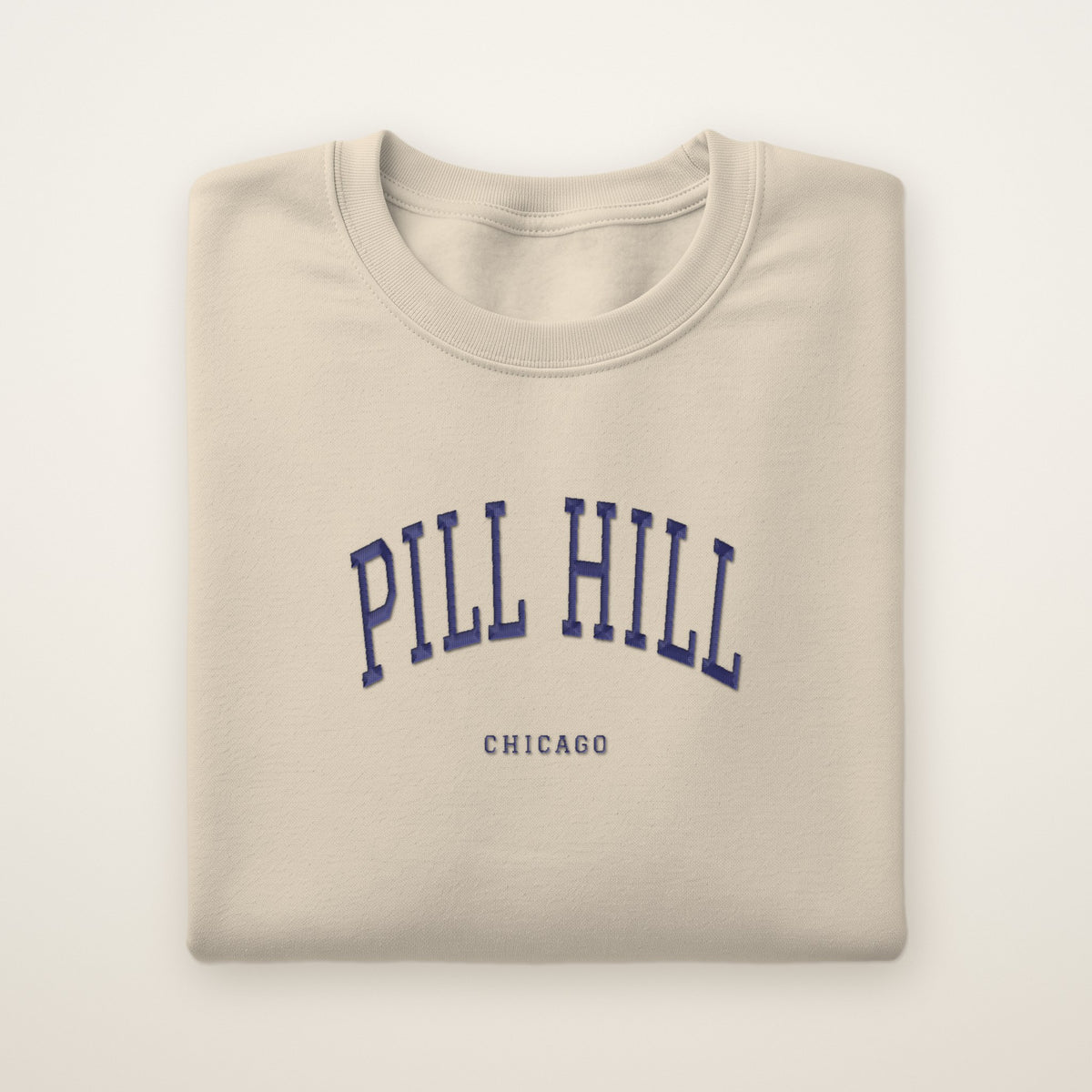 Pill Hill Chicago Embroidered Crewneck — Navy Thread on Sand